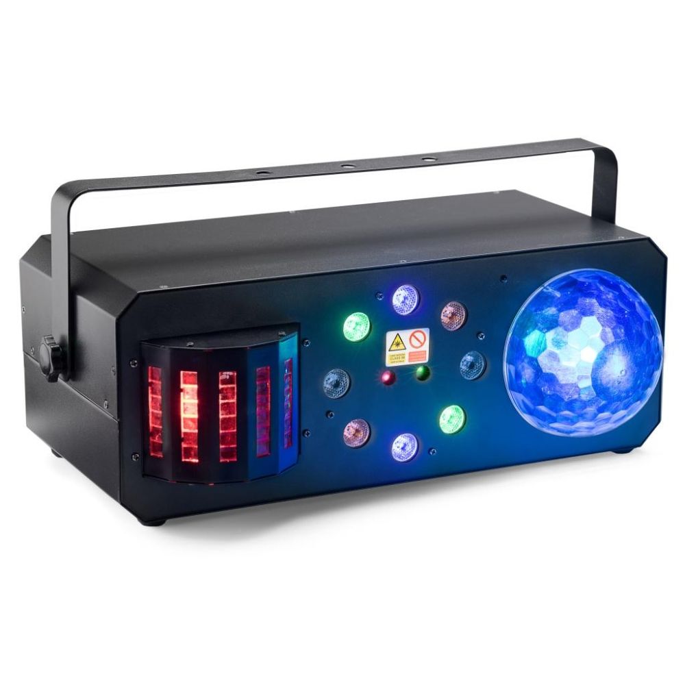 Boîte multi-effets avec lasers rouges et verts, derby, colour wash et boule disco